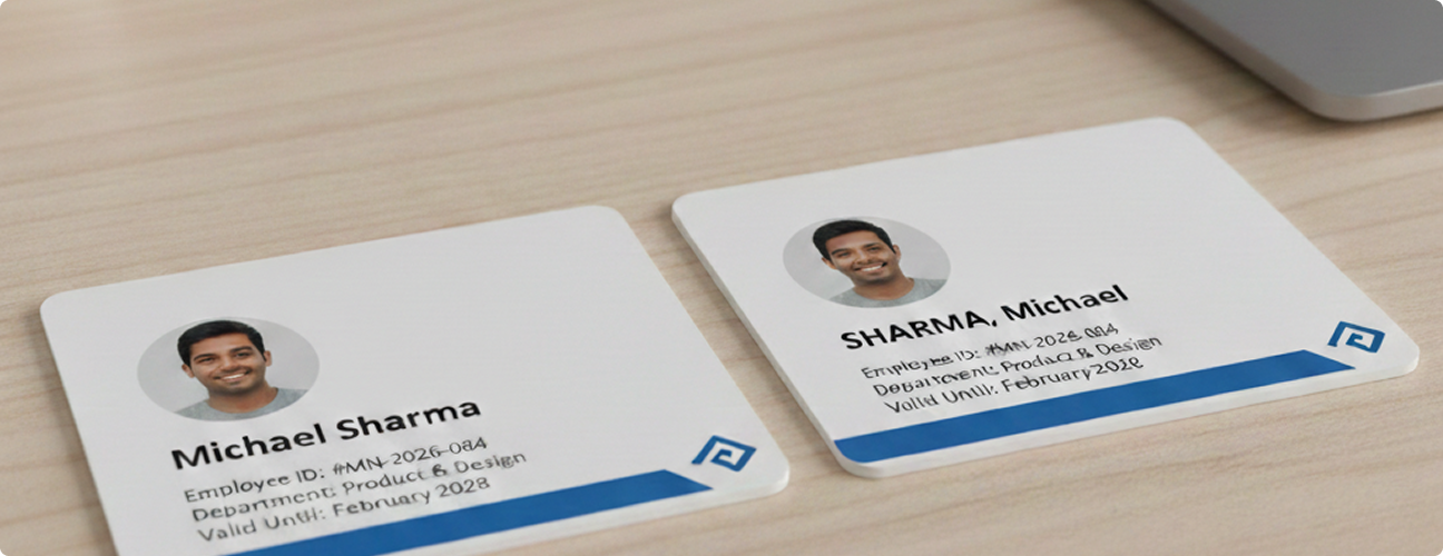 ID cards showing name order comparison — Michael Sharma vs SHARMA, Michael